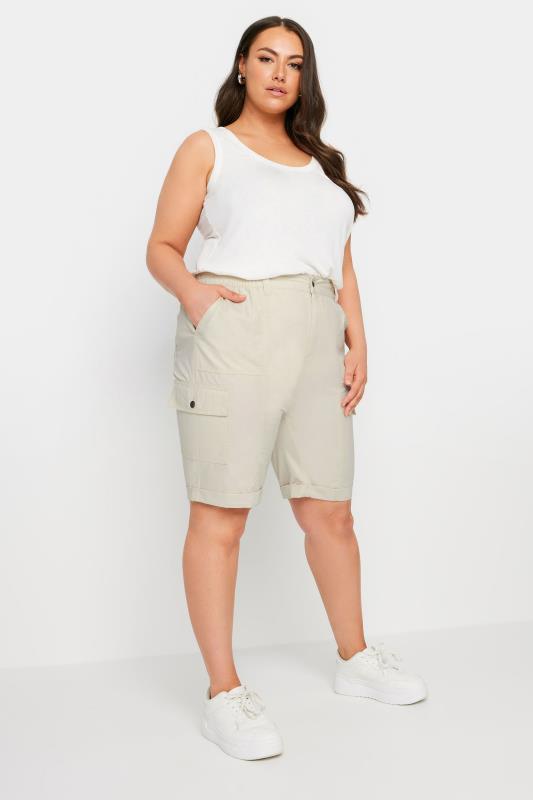YOURS Plus Size Stone Brown Elasticated Waist Cargo Shorts | Yours Clothing 2