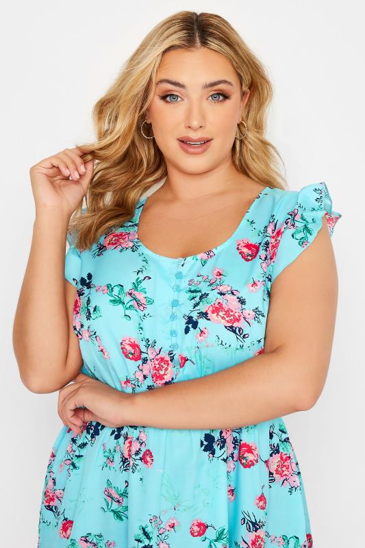 Curve Blue Floral Print Frill Sleeve Smock Top 4