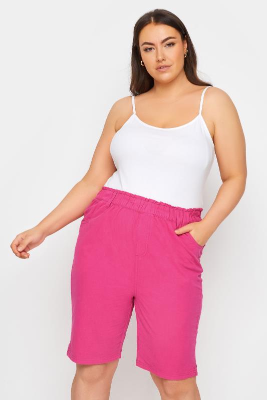 YOURS Plus Size Hot Pink Elasticated Cool Cotton Shorts | Yours Clothing 1
