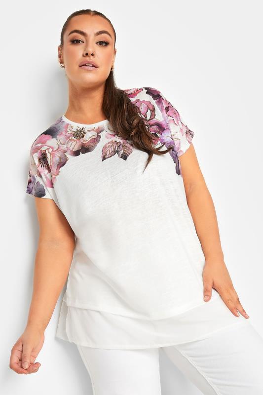 YOURS Plus Size White Floral Print Layered Hem T-Shirt | Yours Clothing  1