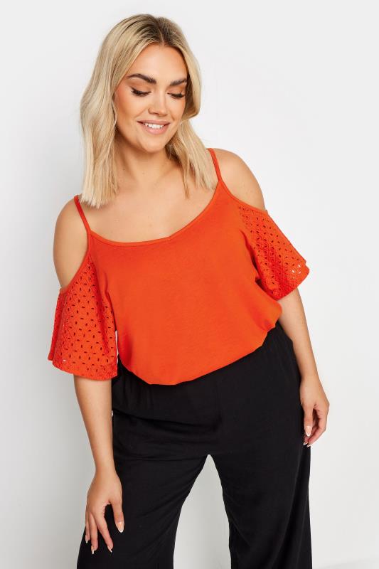  Tallas Grandes YOURS Curve Orange Broderie Anglaise Cold Shoulder Top