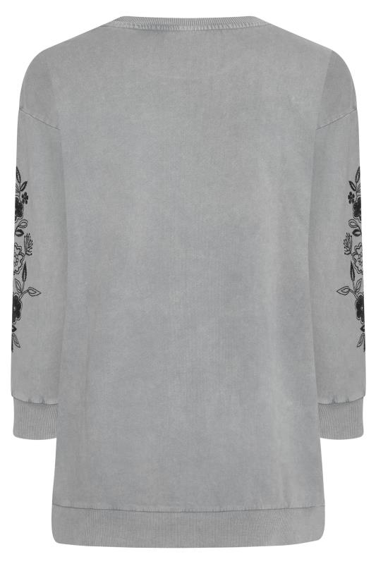 Grey Embroidered Floral Print Sleeve Sweatshirt_BK.jpg