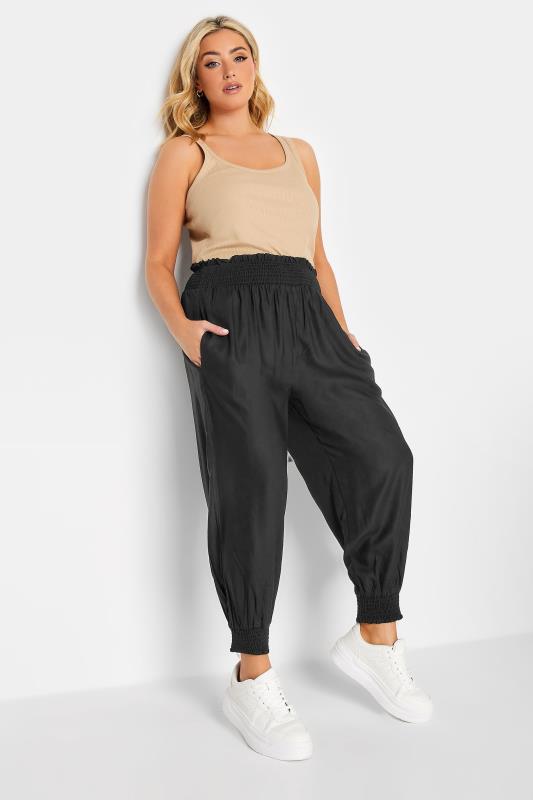 YOURS Curve Black Shirred Waist Cropped Harem Trousers | Yours Clothing 2