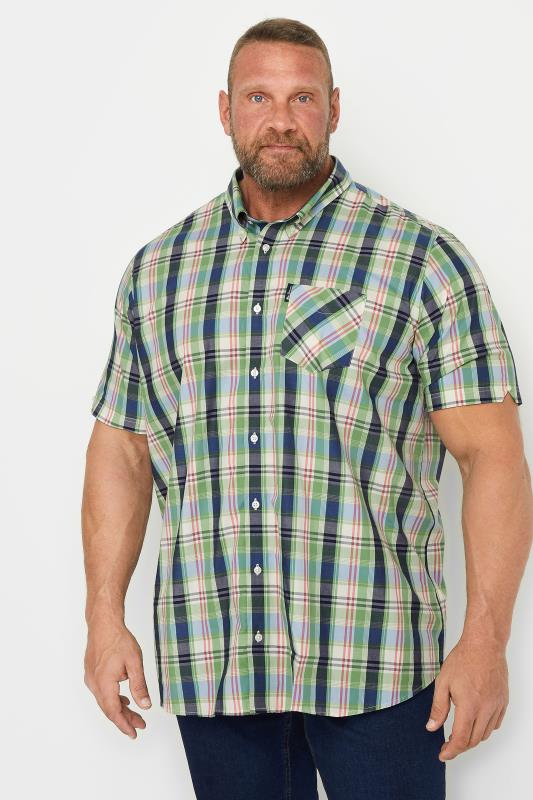 BEN SHERMAN Big & Tall Green Gingham Check Short Sleeve Shirt | BadRhino 1