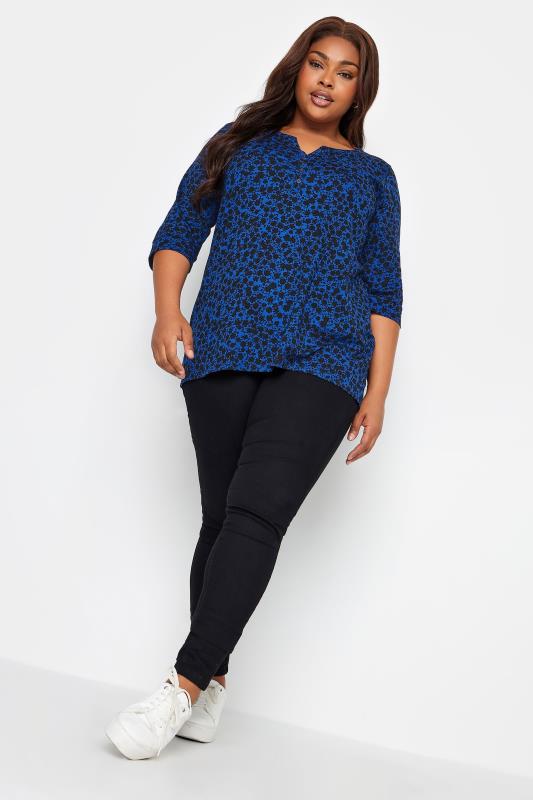 YOURS Plus Size Blue Ditsy Floral Pintuck Henley T-Shirt | Yours Clothing  2