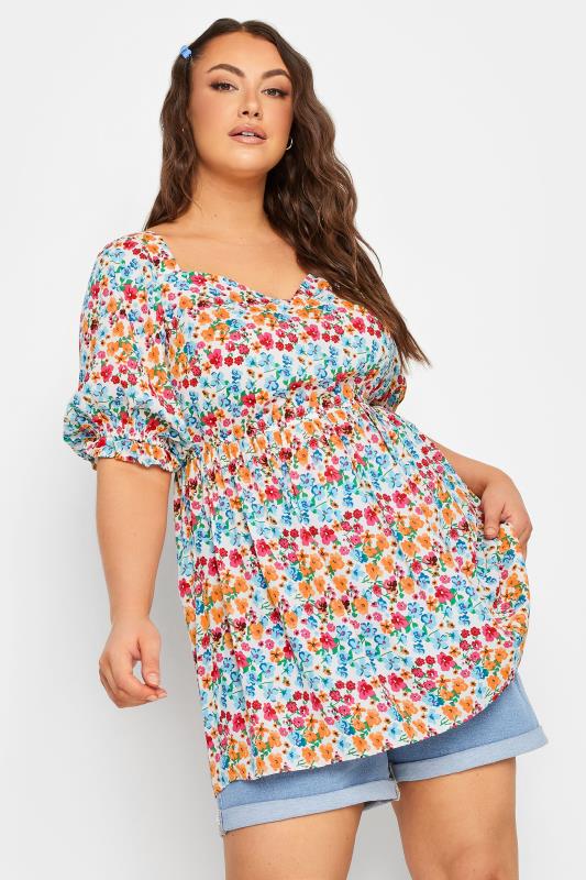  Grande Taille YOURS Curve Orange & Blue Floral Sweetheart Peplum Top