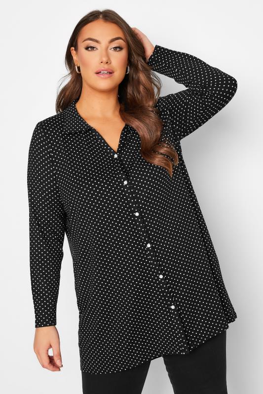 Plus Size Black Polka Dot Button Through Shirt | Yours Clothing 1