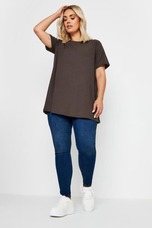 YOURS Plus Size Chocolate Brown Ribbed T-Shirt | Yours Clothing 2