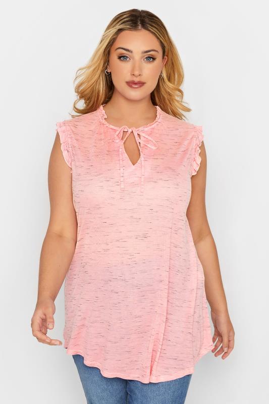 Plus Size Pink Marl Frill Sleeve Blouse | Yours Clothing 1