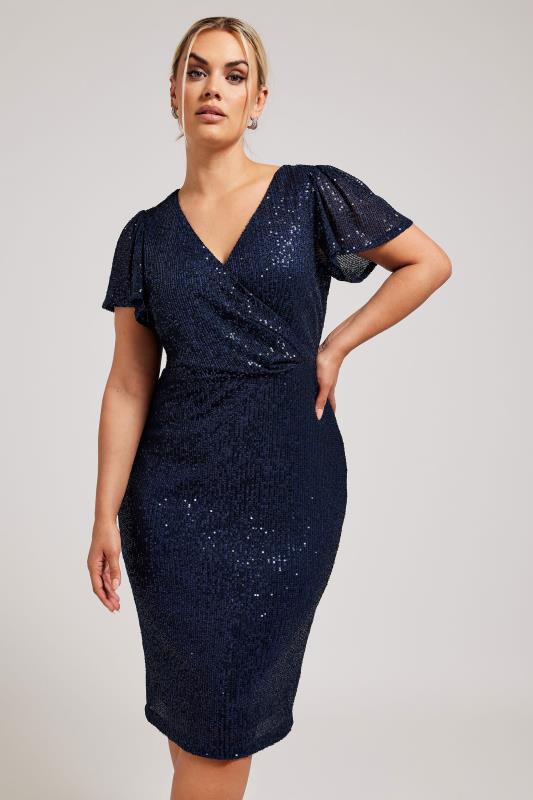 YOURS LONDON Plus Size Navy Blue Sequin Embellished Wrap Dress | Yours Clothing 4