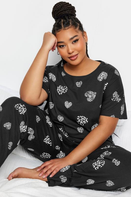 YOURS Plus Size Black Animal Heart Print Pyjama Set | Yours Clothing 2