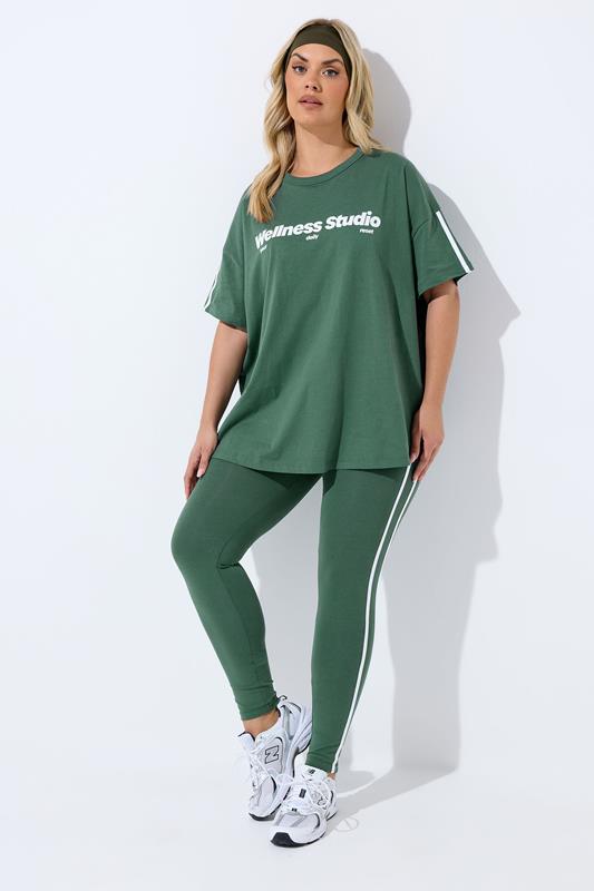 YOURS Plus Size Green Side Striped Leggings | Yours Clothing 2
