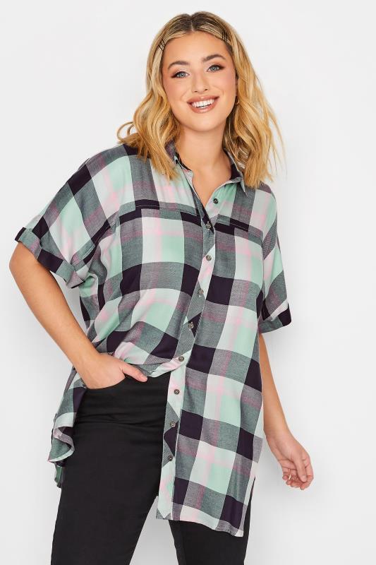 Plus Size  YOURS Curve Mint Green & Navy Blue  Check Short Sleeve Shirt