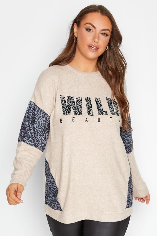 Curve Cream Leopard Print 'Wild Beauty' Slogan Soft Handle Sweatshirt 1