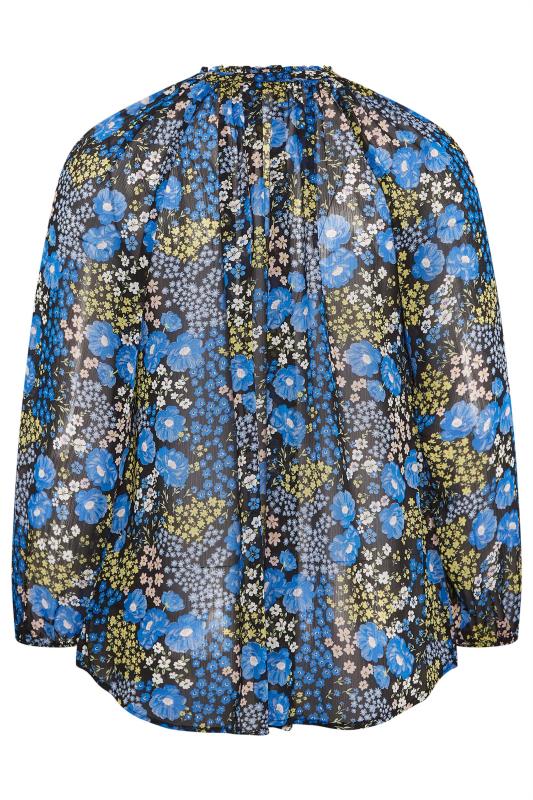 YOURS Plus Size Blue Floral Print Tie Neck Chiffon Blouse | Yours Clothing 7