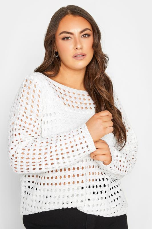 YOURS Plus Size Curve White Crochet Jumper | Yours Clothing  1