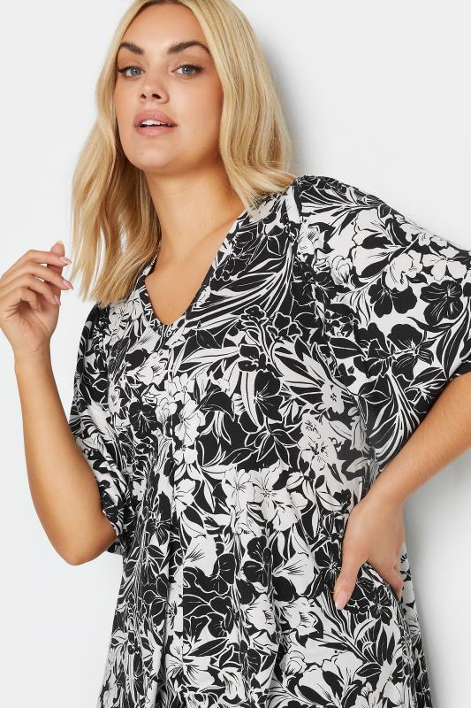 YOURS Plus Size Black Floral Print Angel Sleeve Pleated Top | Yours Curve 4