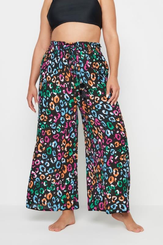 Plus Size  YOURS Curve Black Rainbow Leopard Print Beach Trousers