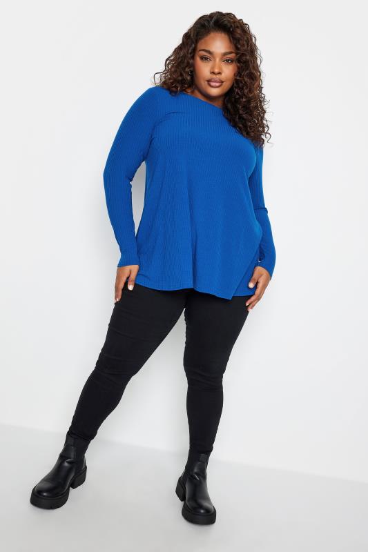 YOURS Plus Size Cobalt Blue Long Sleeve Ribbed Swing Top | Yours Clothing 2