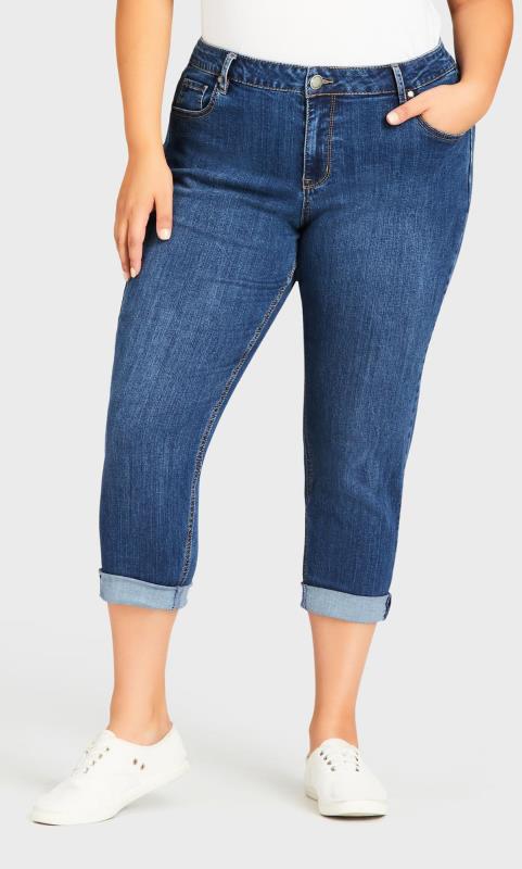 Evans Blue Mid Wash Stretch Cropped Girlfriend Jeans 1