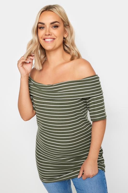  Tallas Grandes YOURS Curve Green Striped Bardot Top