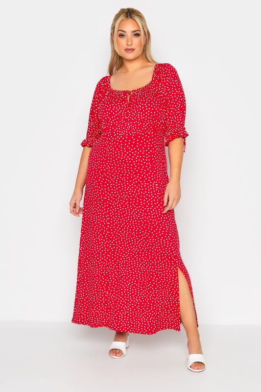 LIMITED COLLECTION Plus Size Red Spot Print Milkmaid Side Split Maxi Dress | Yours Clothing  1
