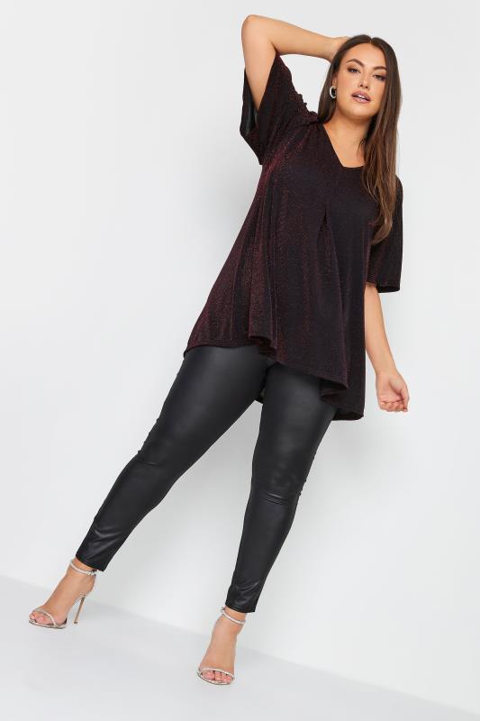 YOURS Plus Size Black & Red Glitter Pleated Swing Top | Yours Clothing 2