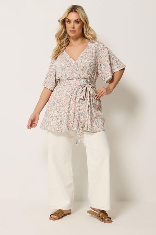 YOURS Plus Size Natural Brown Floral Textured Wrap Top | Yours Clothing 1