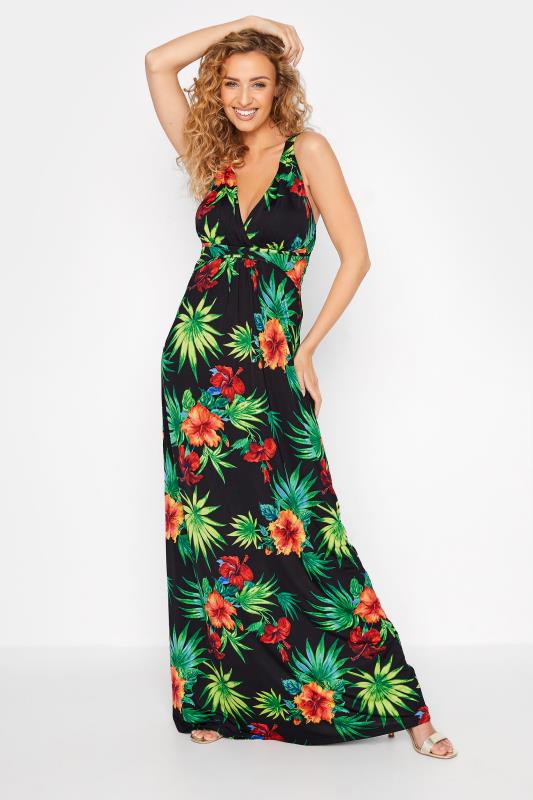 LTS Tall Womens Black Tropical Print V-Neck Maxi Dress 1