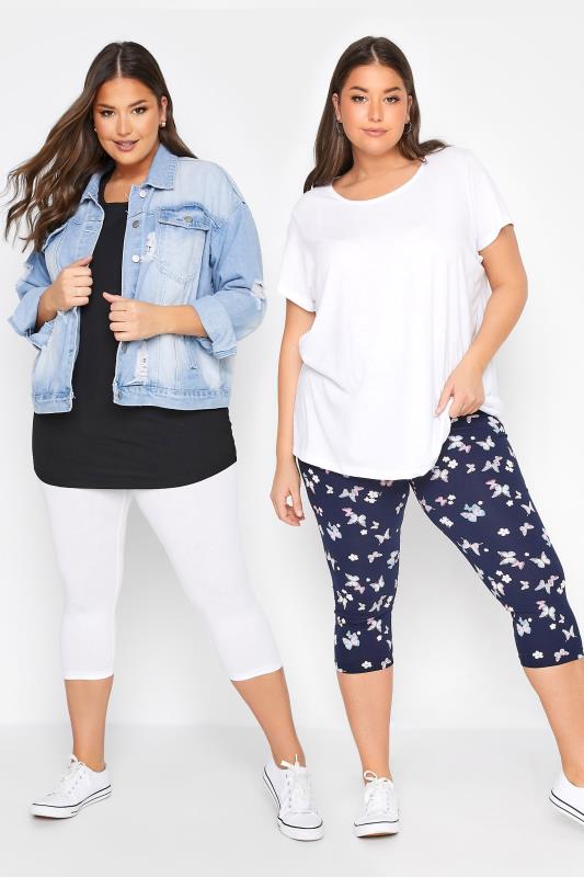 2 PACK Plus Size Navy Blue & White Butterfly Print Cropped Leggings | Yours Clothing 1
