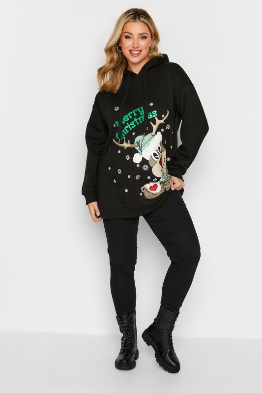 Plus Size Black Reindeer Print Christmas Novelty Hoodie | Yours Clothing 2