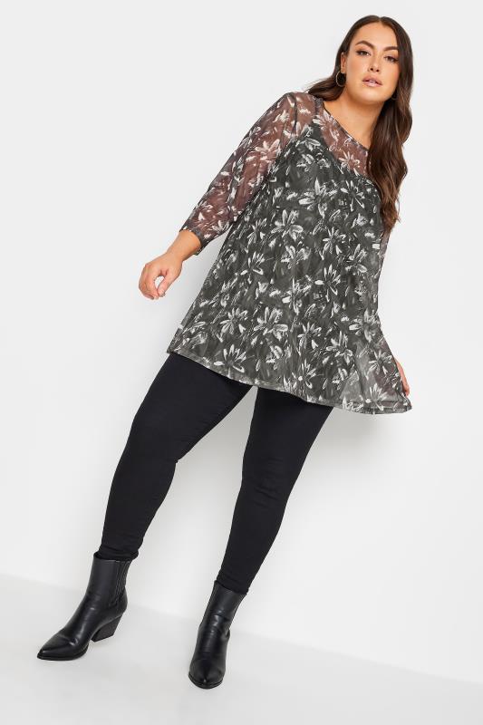 YOURS Plus Size Black Floral Print Mesh Layered Top | Yours Clothing 2