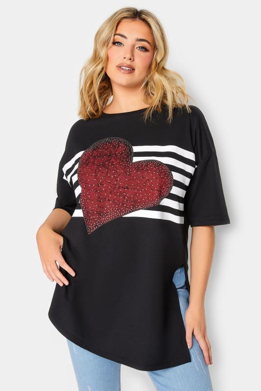 YOURS Plus Size Black Heart Embellished Split Hem T-Shirt | Yours Clothing 1