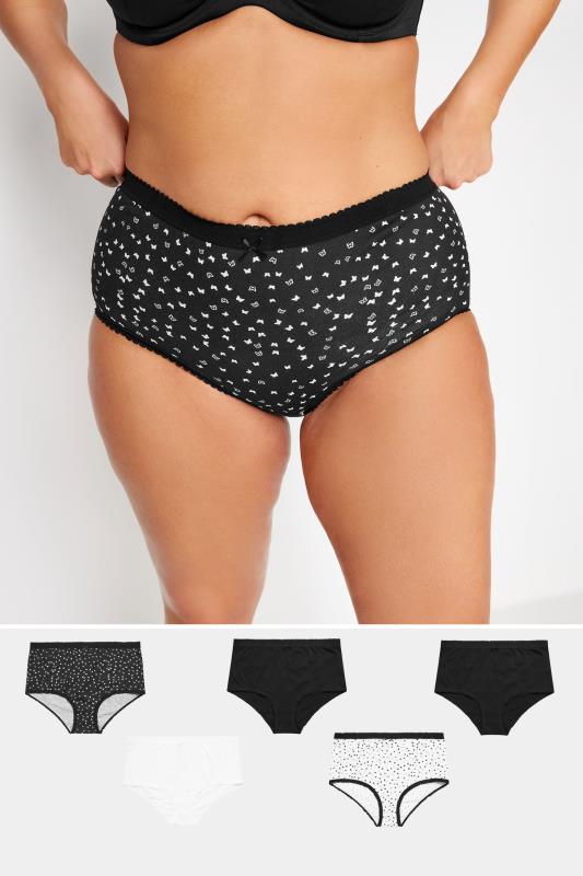 Plus Size  YOURS 5 PACK Curve Black & White Butterfly Design High Waisted Full Briefs