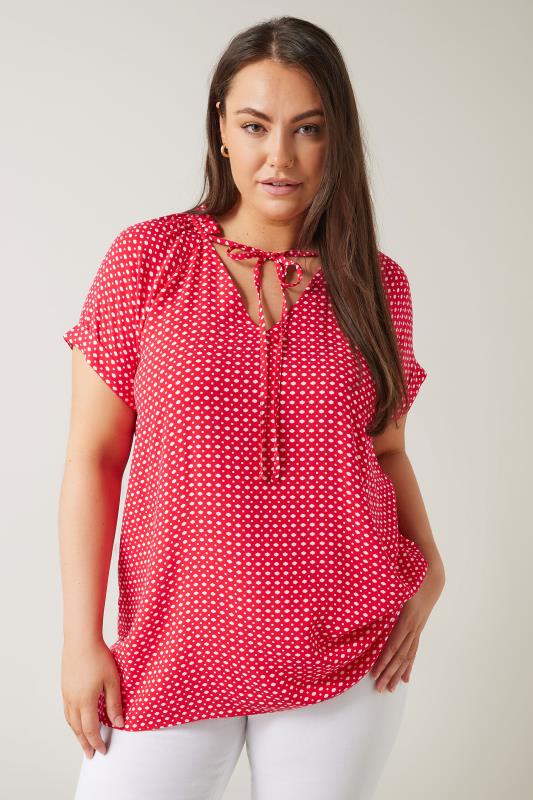EVANS Plus Size Red Dot Print Tie Neck Blouse | Evans 1