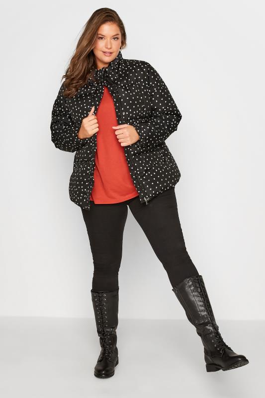 Plus Size Black Heart Print Puffer Coat | Yours Clothing 2