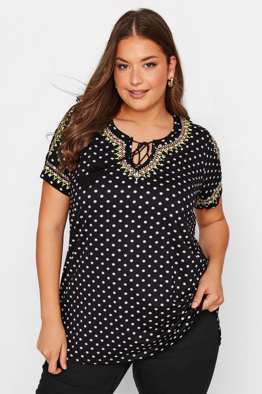 Plus Size  YOURS Curve Black Spot Print Embroidered Tie Neck Top