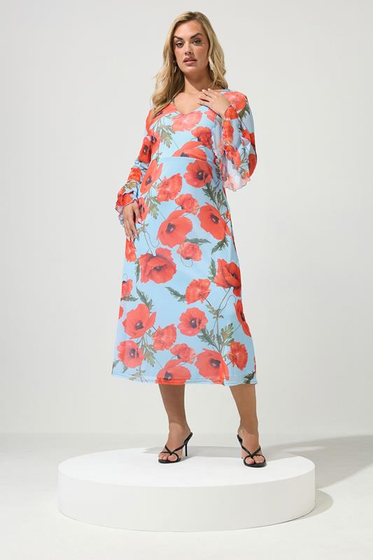 YOURS LONDON Plus Size Light Blue Floral Mesh Dress | Yours Clothing 2