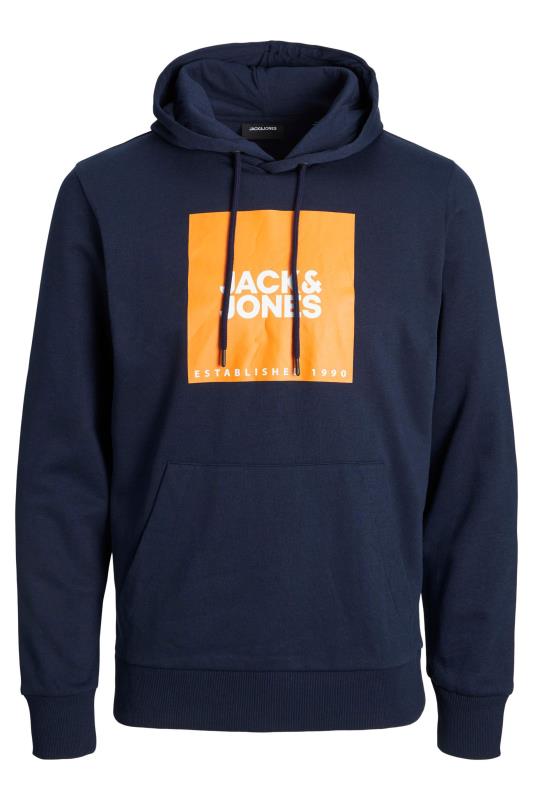 JACK & JONES Big & Tall Navy Blue & Orange Printed Logo Hoodie 2