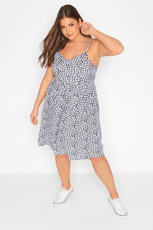 Plus Size Navy Blue Ditsy Print Strappy Sundress | Yours Clothing 1