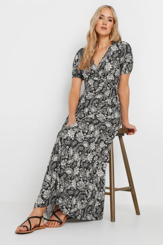  Grande Taille LTS Tall Black Floral Paisley Print Wrap Maxi Dress