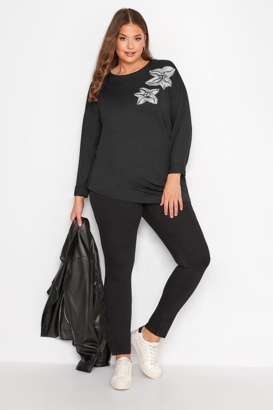 Plus Size Black Flower Print Long Sleeve T-Shirt | Yours Clothing  2