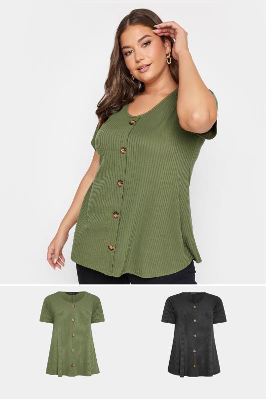 LIMITED COLLECTION Curve Plus Size 2 PACK Khaki Green & Black Ribbed Swing Tops | Yours Clothing  1