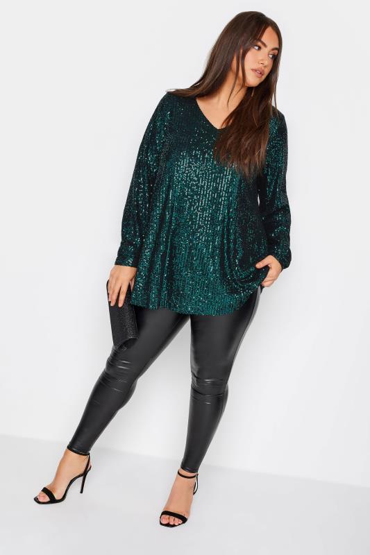 YOURS LONDON Plus Size Dark Green Sequin Embellished Long Sleeve Top ...