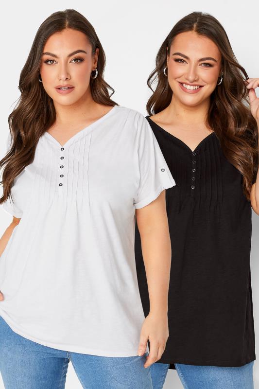 Plus Size  YOURS 2 PACK Curve Black & White Henley T-Shirts