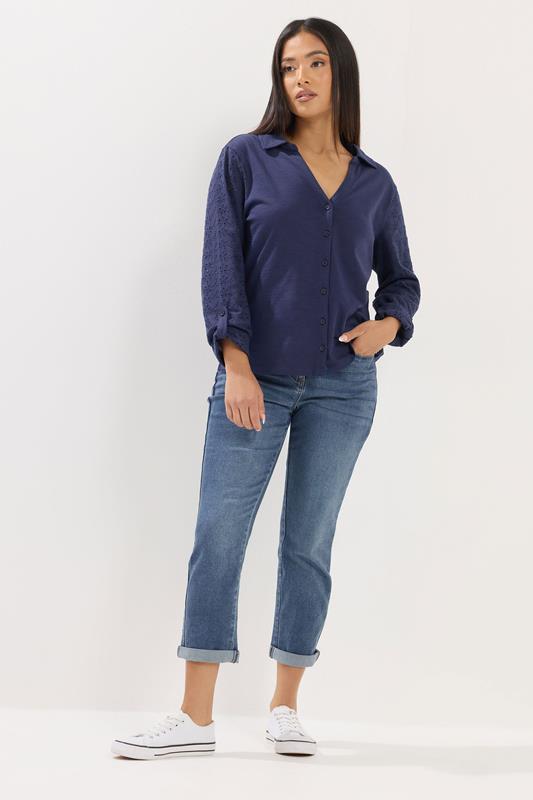 M&Co Petite Navy Blue Broderie Sleeve Cotton Shirt | M&Co 1
