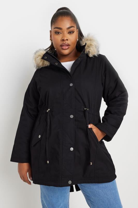 YOURS PETITE Plus Size Black Faux Fur Trim Parka Jacket Yours Clothing