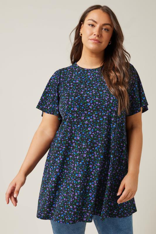 Plus Size  EVANS Curve Navy Blue Ditsy Floral Angel Sleeve Top