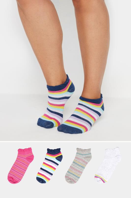 YOURS Plus Size 4 PACK Blue & Grey Stripe Ankle Socks | Yours Clothing  1