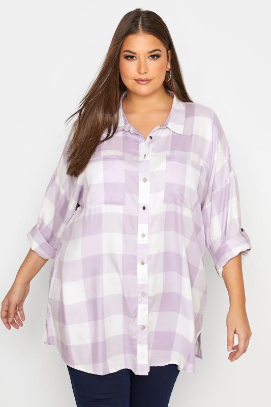 Plus Size Lilac Purple Checked Oversized Shirt | Yours Clothing  1